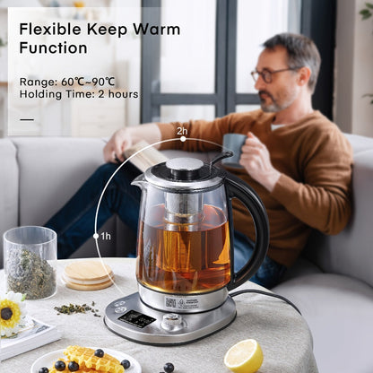 1.7L Glass Tea Kettle with 1200W Heating, Nine Temperature Presets, Removable Infuser and 2-Hour Keep Warm