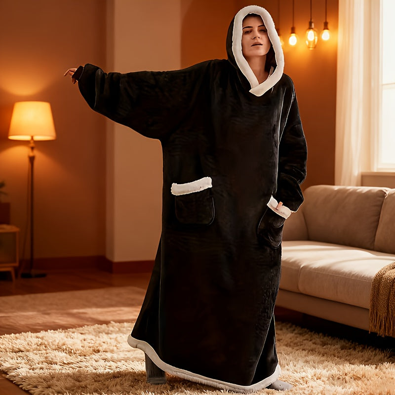 Plaid Fleece Wearable Hooded Blanket – 400gsm Warm Cozy Oversized Hoodie Bedspread, Machine Washable, 4 Colors, 70" Length