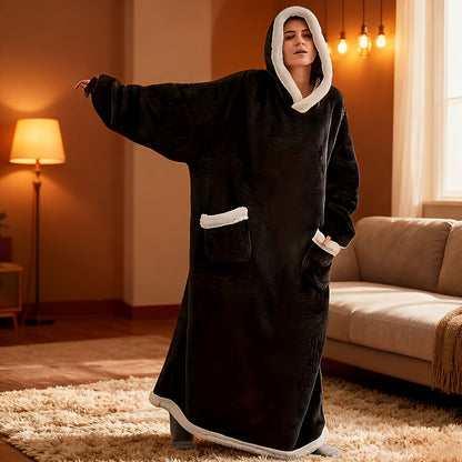 Plaid Fleece Wearable Hooded Blanket – 400gsm Warm Cozy Oversized Hoodie Bedspread, Machine Washable, 4 Colors, 70" Length