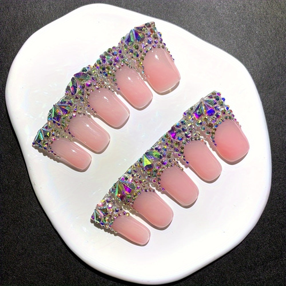 Press On Nails Duckbill French Tip AB Diamond Shiny Nude – Long Handmade Wearable Nail Set 10pcs with Tools for Wedding Party Date School S/M/L