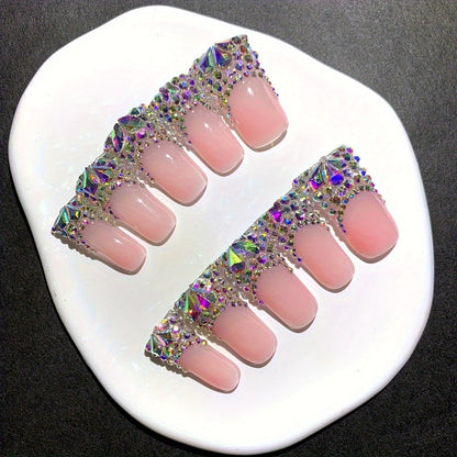 Press On Nails Duckbill French Tip AB Diamond Shiny Nude – Long Handmade Wearable Nail Set 10pcs with Tools for Wedding Party Date School S/M/L