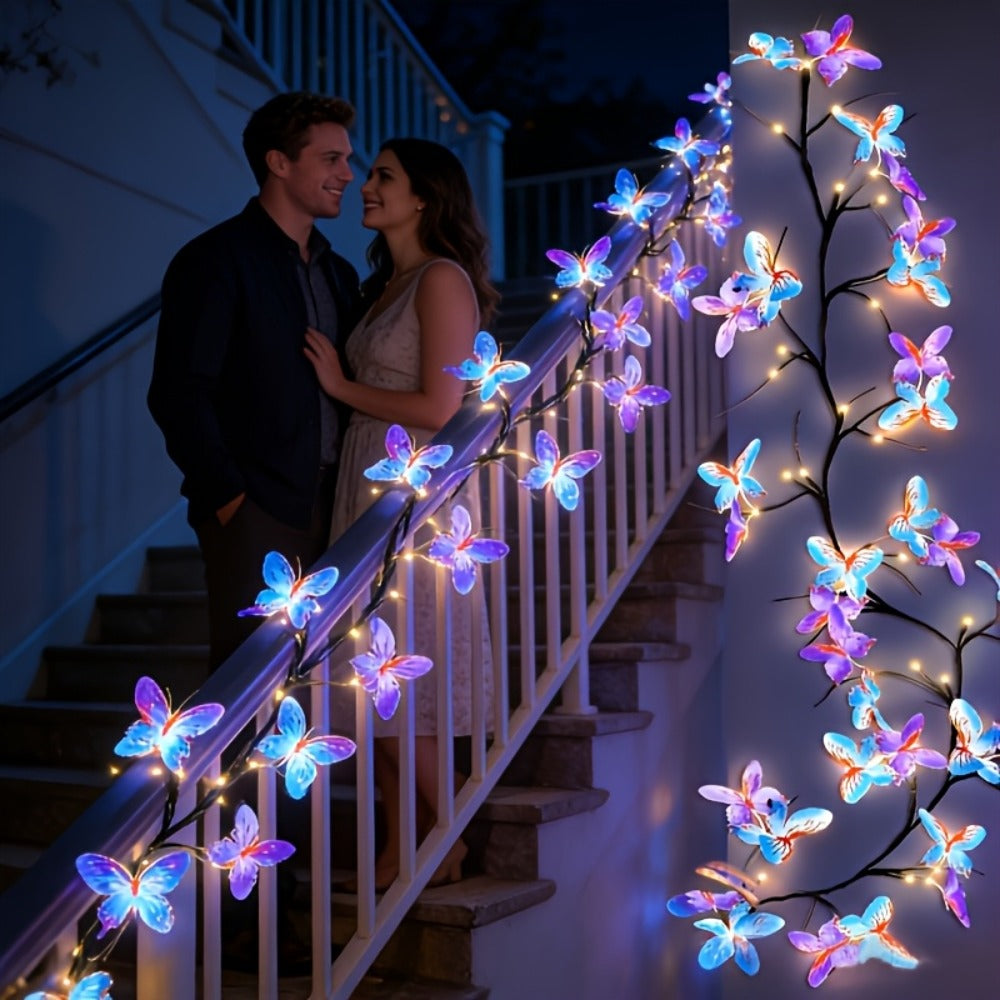 Butterfly Branch String Lights – 30 LED Vine Fairy Lights with Artificial Purple-Blue Butterflies, 8 Lighting Modes, USB Powered Warm White, Boho Wall Decor for Bedroom Wedding Birthday Party Festival