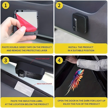 Four-Piece Angel-Wing Car Door LED Projector Light Set with Battery Power and Light-Sensing Activation