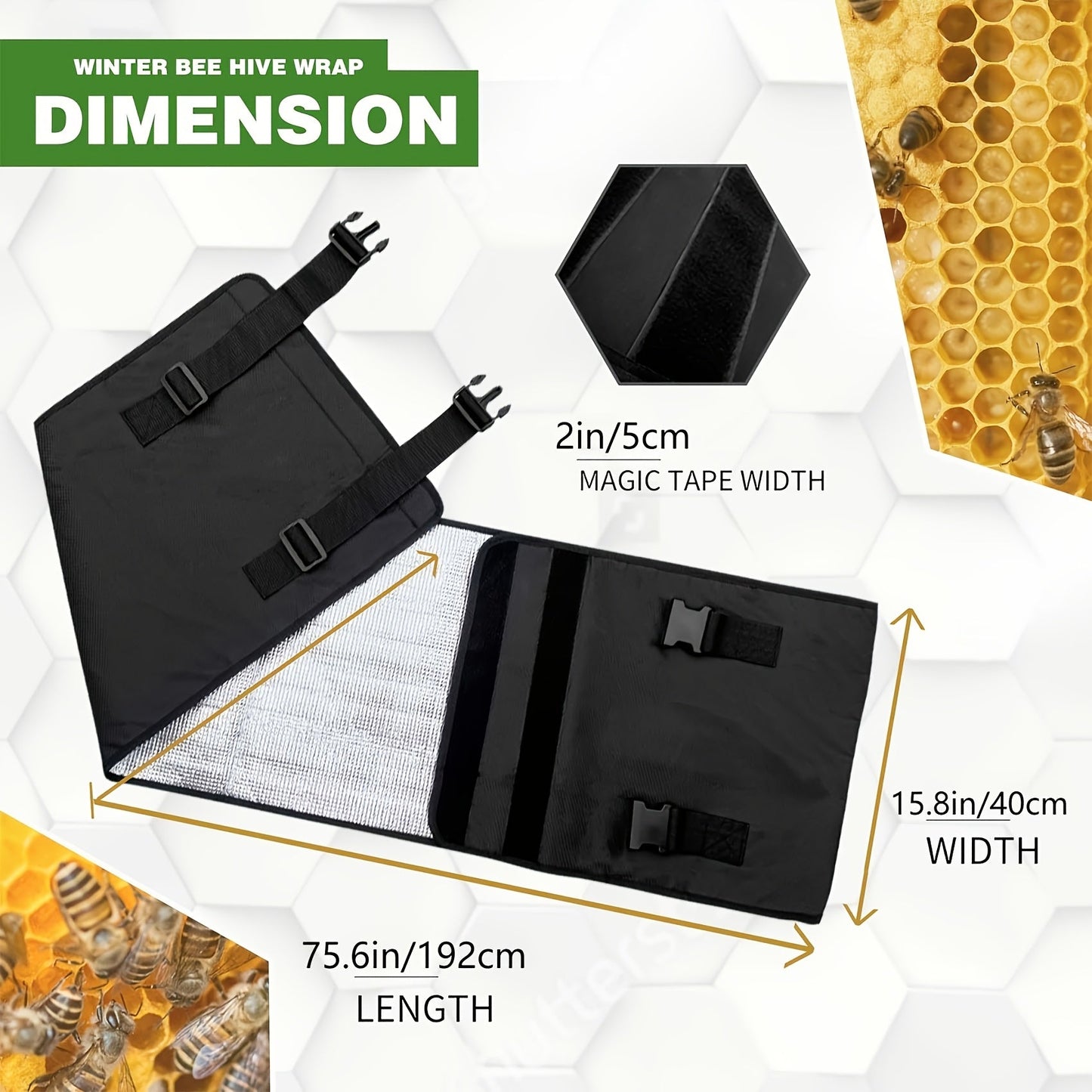 Black Beehive Winter Insulation Wrap with Adjustable Buckle Straps in 192 x 40 or 60 cm Sizes