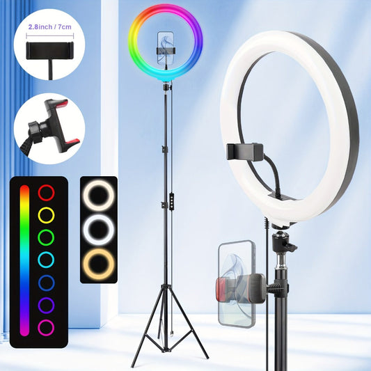 RGB Ring Light 12 Inch Dimmable with 63 Inch Adjustable Tripod USB Powered Phone Stand Gimbal Clamp for Makeup Live Streaming Selfie Photography TikTok YouTube Portable