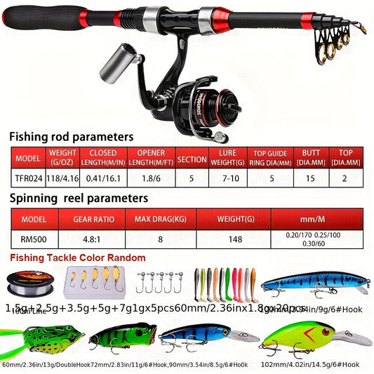 Carbon Fiber Fishing Rod & Spinning Reel Combo – Ultralight Fast Action Rod with Long Cast Spinning Wheel, Complete Sea Fishing Tackle Set for Saltwater & Freshwater, Available in Red & Grey