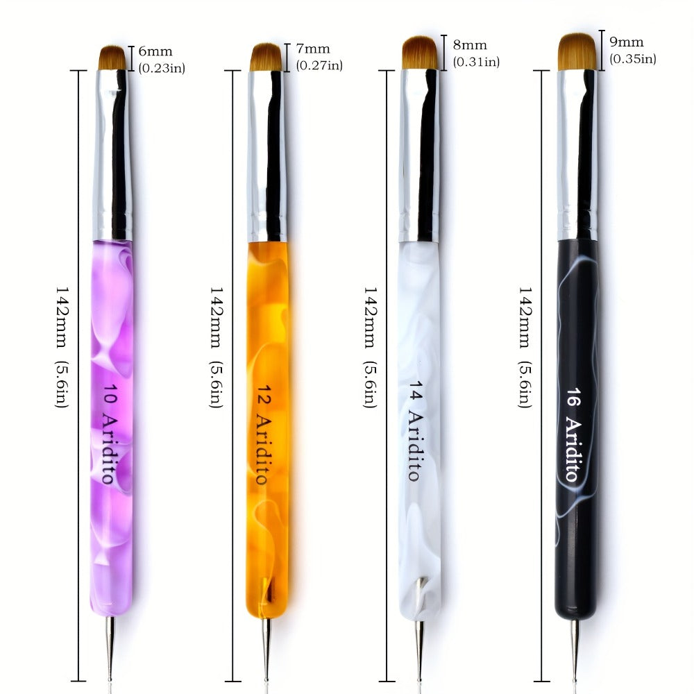 Nail Art Brush Set 4pcs Fine Tip Detail Brushes with Dotting Tool - Nylon Bristle Precision Manicure Brushes #10 #12 #14 #16 for Gel Acrylic French Nail Designs, Salon & Home Use