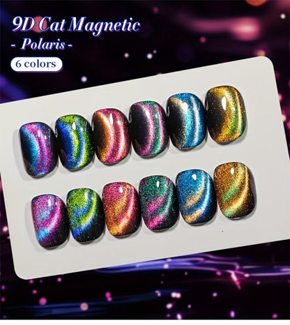 Gel Nail Polish 6-Color 9D Polaris Magnetic Set with Six 10ml Glass-Water-Light Shades for Nail Art