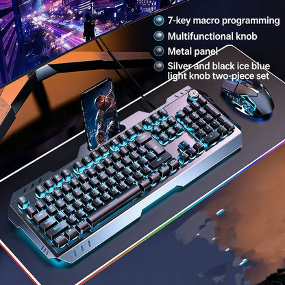 Gaming Keyboard Wired 104 Keys Full Metal Panel – LED Color Backlight, Multimedia Knob, Faux Mechanical Feel, USB, Ergonomic Design with Phone Holder | Keyboard or Keyboard & Mouse Combo