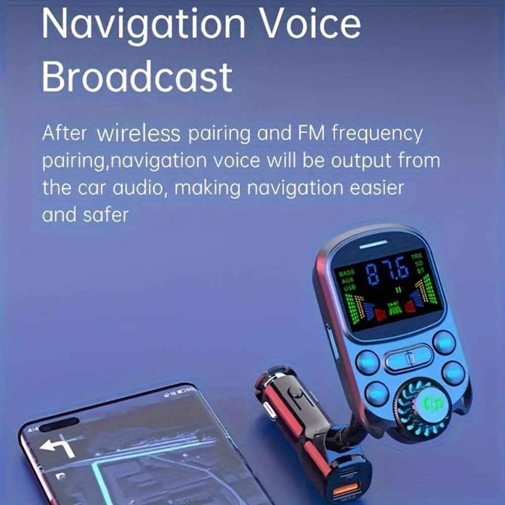 Flexible-Neck Car FM Transmitter with Color Display, USB-C and USB-A Ports, AUX Input and Call Controls