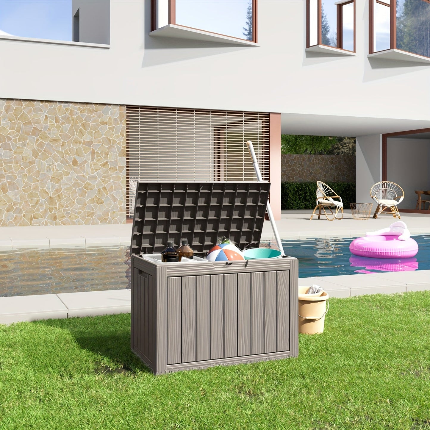 Wood-Grain Resin Deck Storage Box with Lockable Lid in Black or Light Brown Finish Options