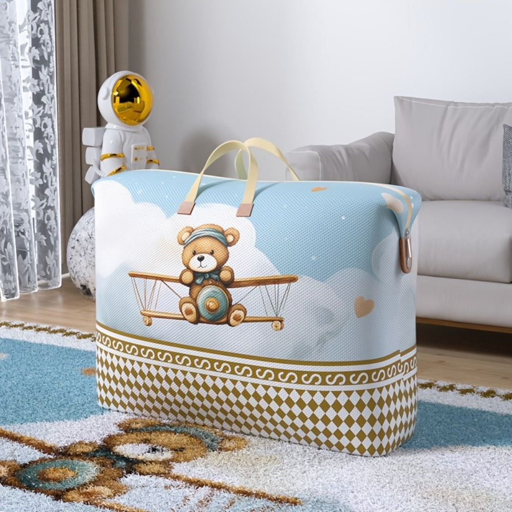 Large Zippered Bedding Storage Bag with Airplane Bear Print, Carry Handles and Exact One-Piece Size Option