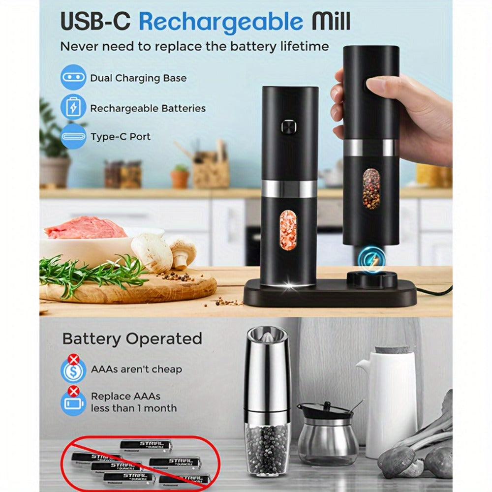 Electric Salt and Pepper Grinder Set 2-Pack Rechargeable with Charging Base & White Light - One-Hand Operation