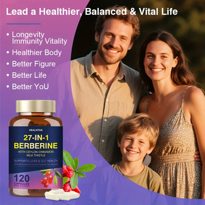 Herbal Supplements with HEALVITAS Label, 27-in-1 Berberine Formula Capsules, 120 or 360 Count