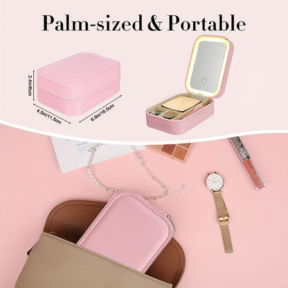 Lighted Makeup Mirror with Travel Case Cosmetic Organizer 3-Color LED Light 1200mAh Rechargeable Portable Vanity Mirror Adjustable Brightness for Women Gift Birthday Christmas