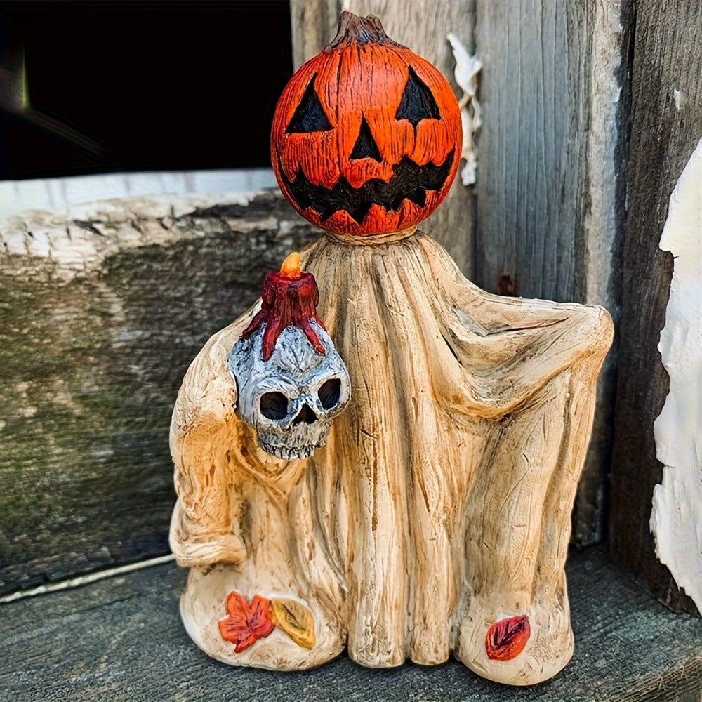 Halloween Pumpkin Wizard Resin Figurine 2-Pack – Spooky Desktop Ornament & Bookshelf Decor, Skeleton Gnome Tabletop Statue for Halloween Home Decor & Seasonal Display