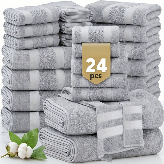 Towel Set 12 or 24 Piece Cotton Collection with Bath, Hand and Washcloth Formats in Seven Colors