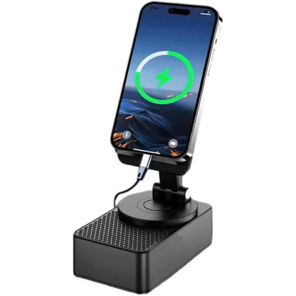 Induction Wireless Speaker Phone Holder Stand 3-in-1 – Foldable Tabletop Mount with Stereo Bass Amplifier, High-Capacity Emergency Battery, Compatible with iPhone & Android Tablets and Smartphones