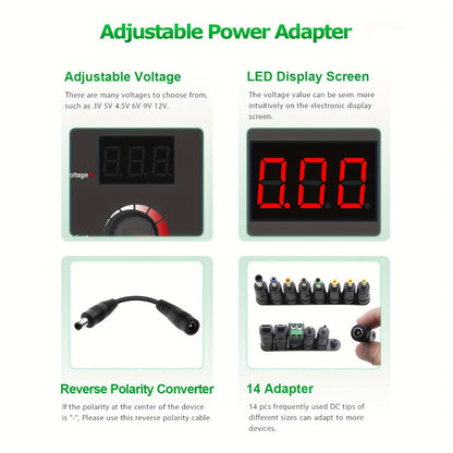 Adjustable 3–24V AC/DC Power Adapter with 72W Label, LCD Readout, Knob Control and Connector Set