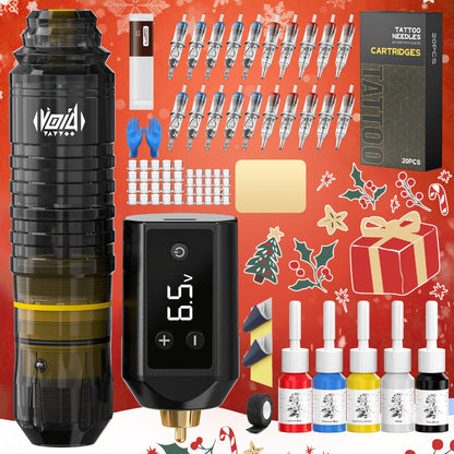 Tattoo Machine Kit VOID Complete Set 20 Cartridge Needles 5 Inks Power Supply Practice Skin Transfer Paper Gloves Rotary Tattoo Pen for Beginners & Artists Gift