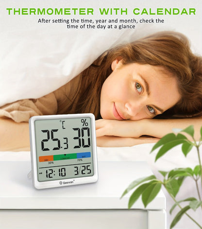 Digital Indoor Thermometer Hygrometer with Clock and Calendar in Exact Black or White Checkout Options