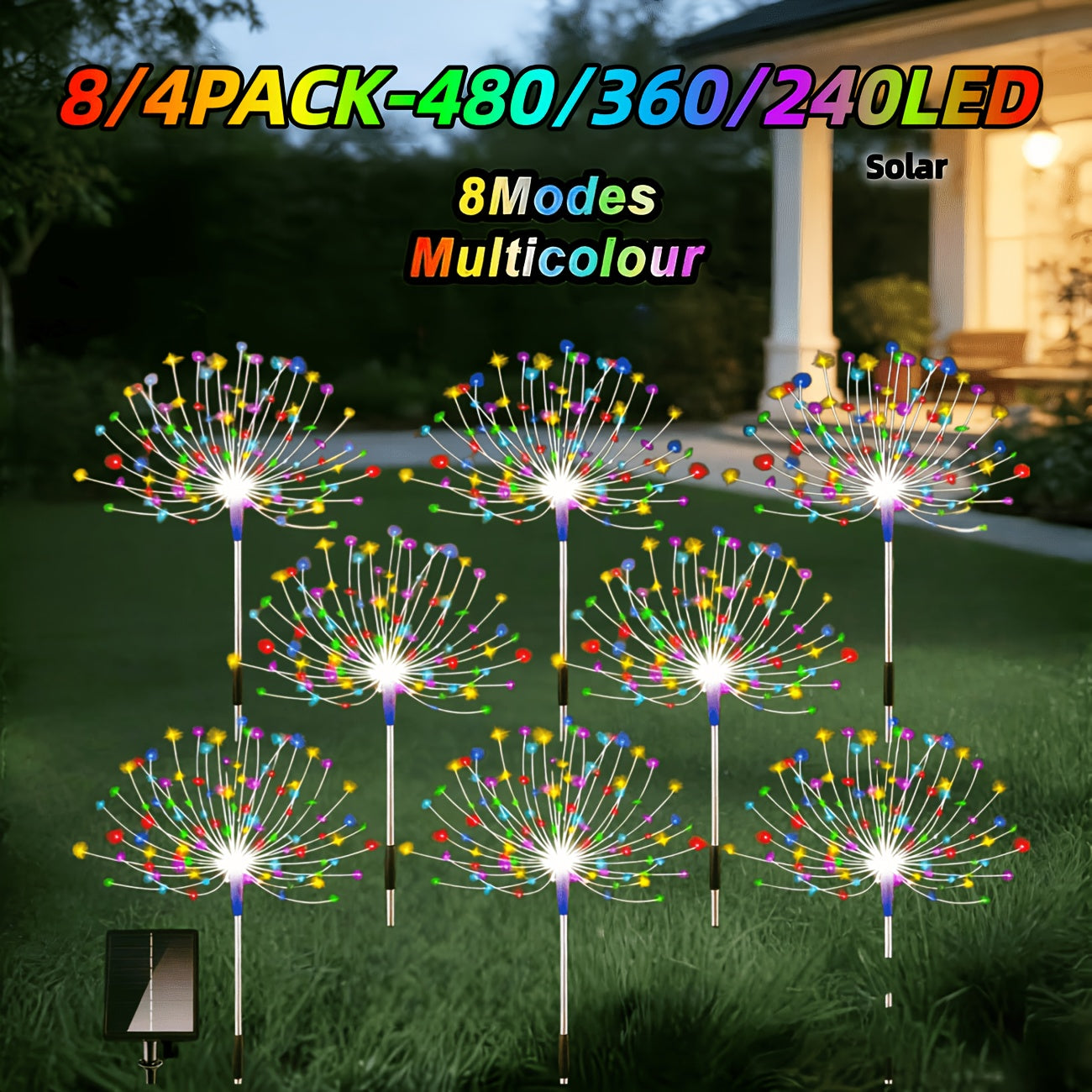 Solar Fireworks Lights 480 LED 8-Pack, IPX4 Waterproof 8 Modes