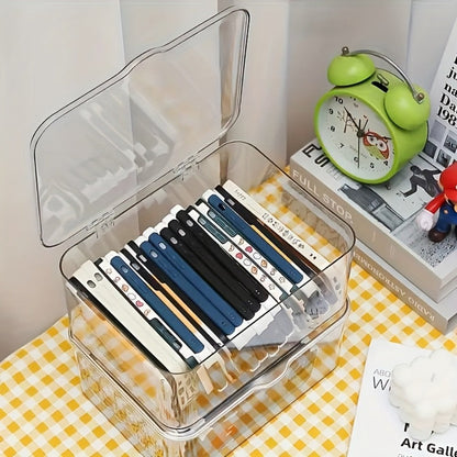 Clear Acrylic Desktop Organizer with Lid - Phone Case Storage Basket for Home Office Desk Organization