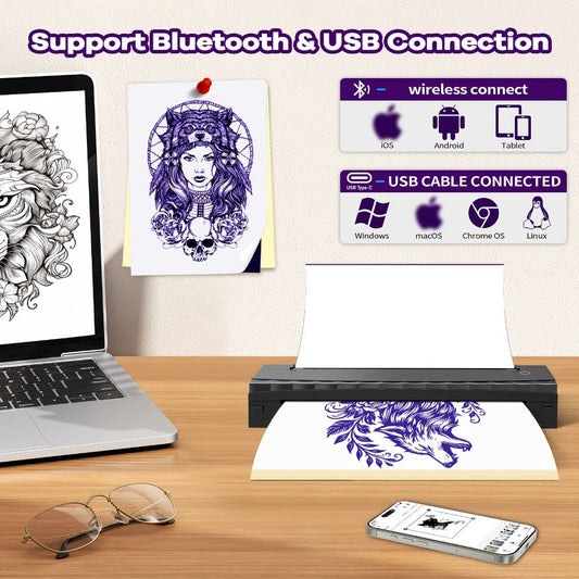 Tattoo Stencil Printer D80 - Wireless Bluetooth Thermal Printer for Tattoo Transfer Paper & A4 Office Printing, Portable Inkless Printer Compatible with iOS Android Laptop Phone Tablet