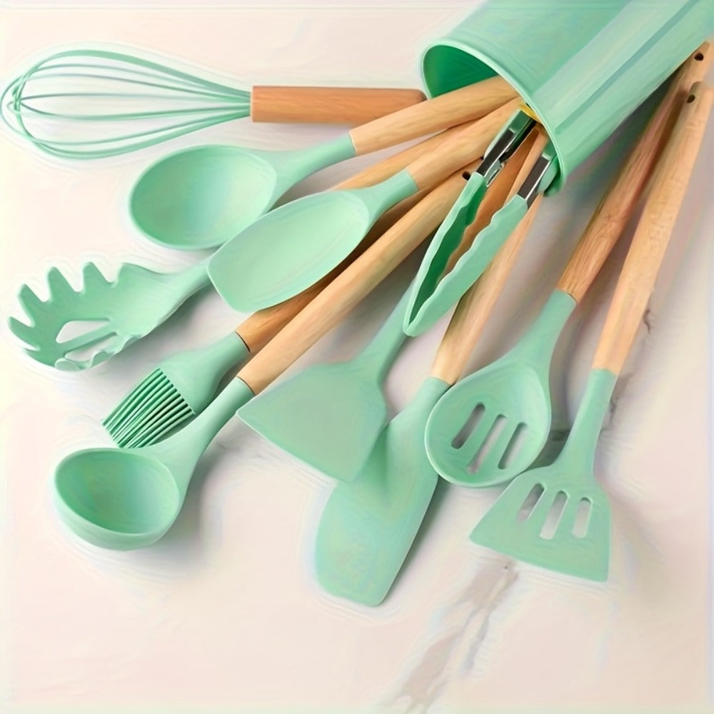 13-Piece Silicone Kitchen Utensil Set with Wooden Handles, Storage Holder and Khaki or Dark Gray Colors