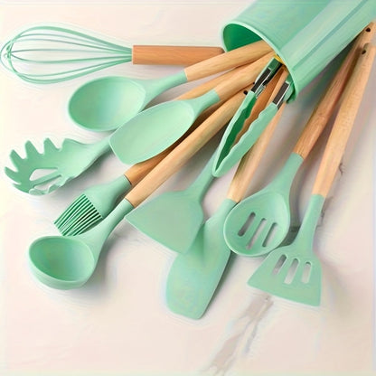 13-Piece Silicone Kitchen Utensil Set with Wooden Handles, Storage Holder and Khaki or Dark Gray Colors