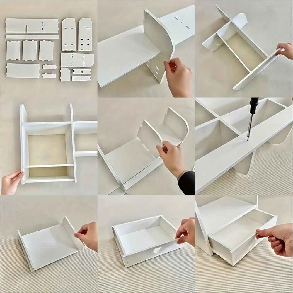 White Two-Tier Desktop Organizer Shelf with Multiple Compartments, Heart Drawer and 50 cm Wide Top