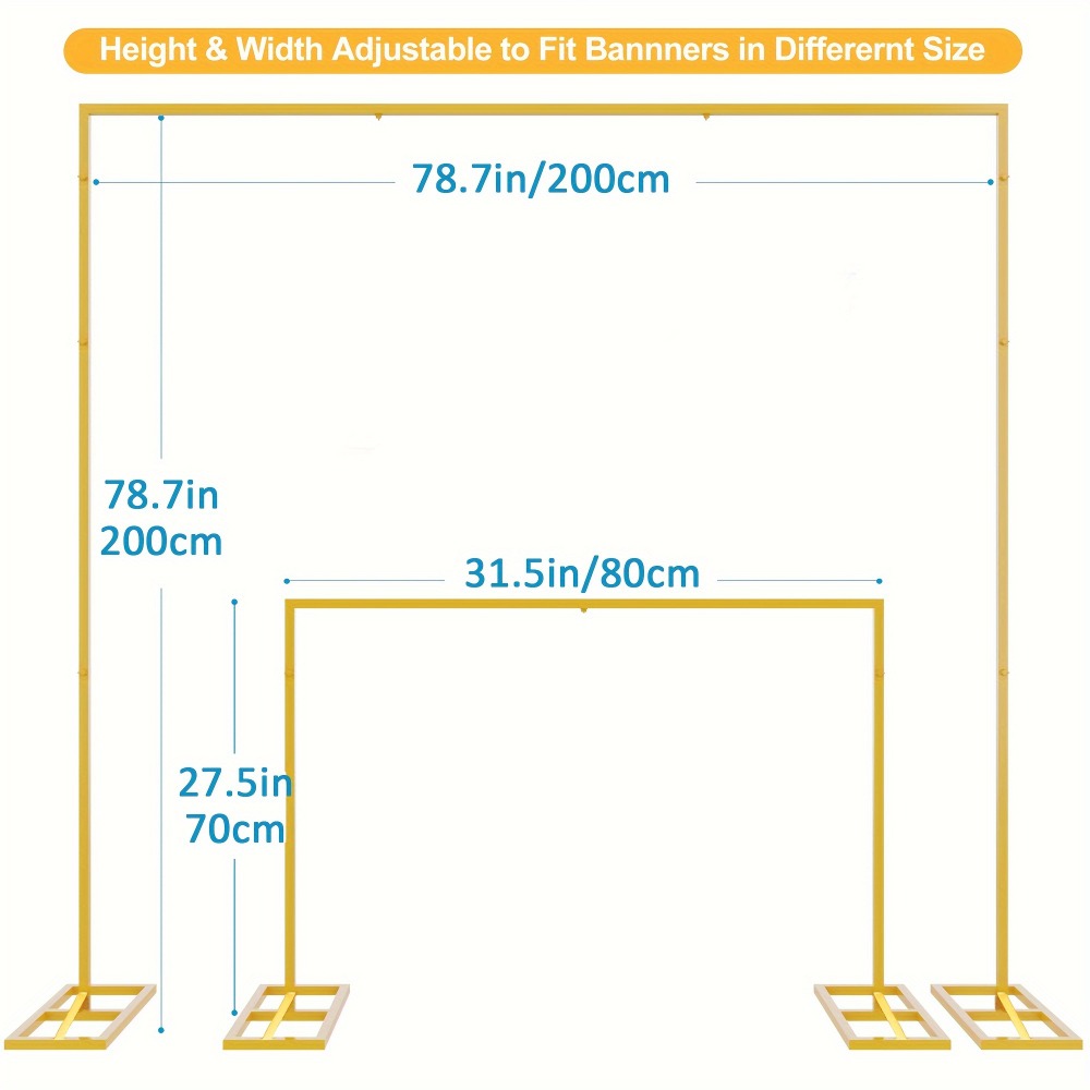 Backdrop Stand Gold Square Frame with 6.5, 6.6 and 8-Foot Selections, Adjustable Crossbar and Flat Feet