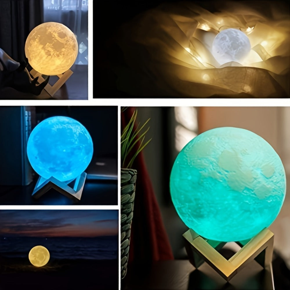 15cm Lunar Globe LED Night Light with Wood Stand, USB Rechargeable Power, Remote and 16 Colors