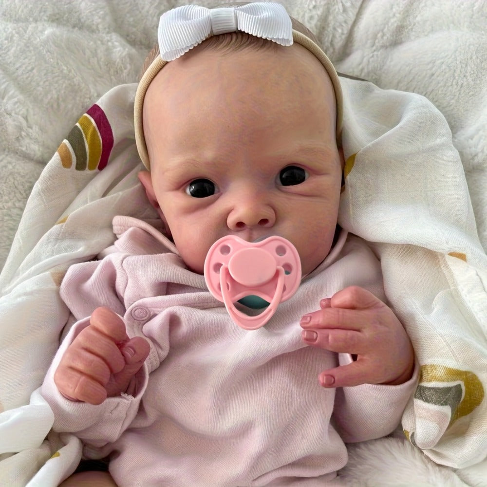 Reborn Baby Doll 18-Inch Full Vinyl Body with Painted Hair, Open Eyes, Pink Outfit, Pacifier and Accessory Card