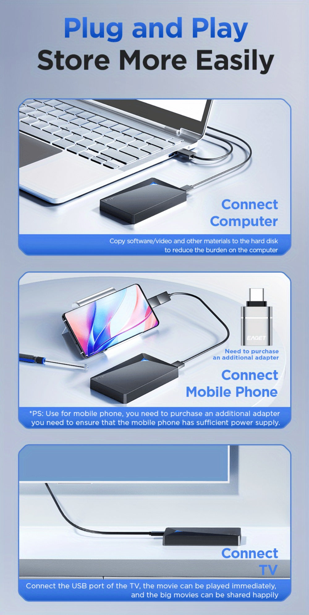 Dual-Disk 1TB Portable Hard Drive with USB 3.0 Interface, EAGET G20 Pro Black Enclosure and Type-C Diagram