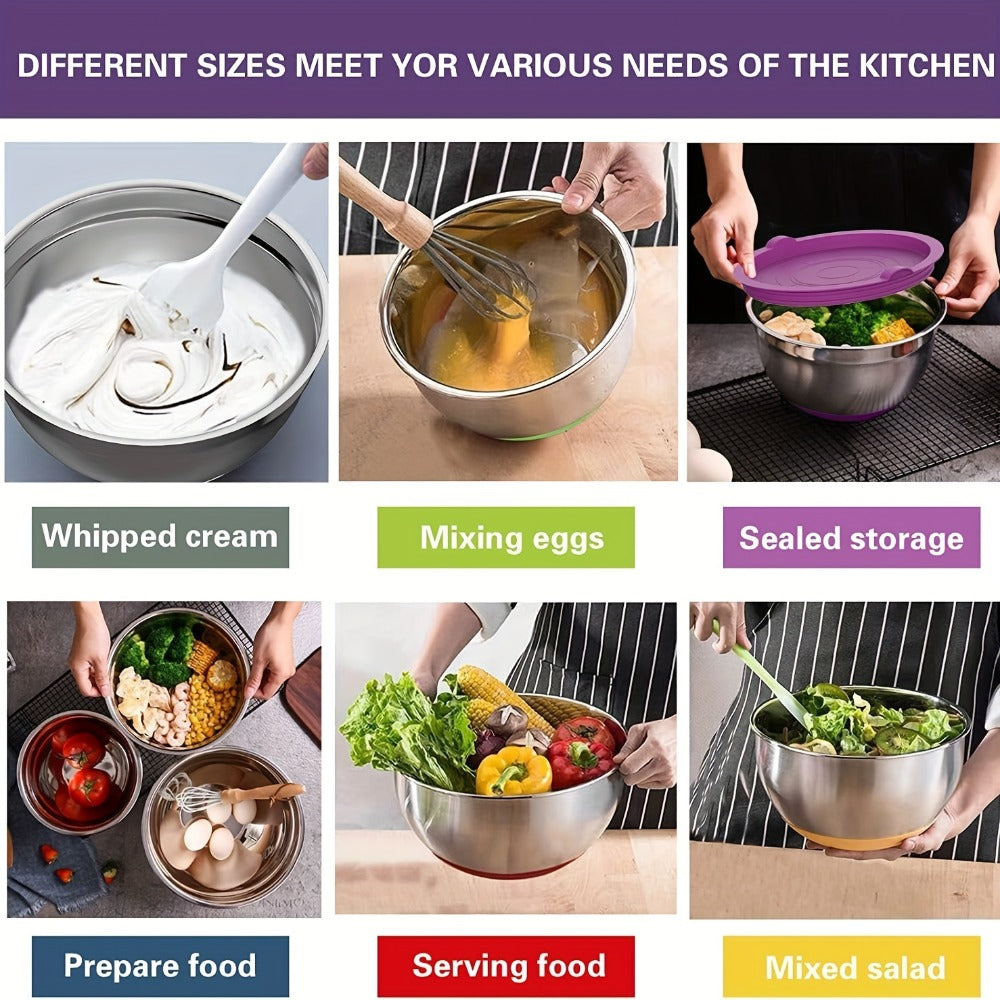 Seven-Bowl Nesting Mixing Set with Lids, Kitchen Tools and Multicolored, Black, Gray or Khaki Options