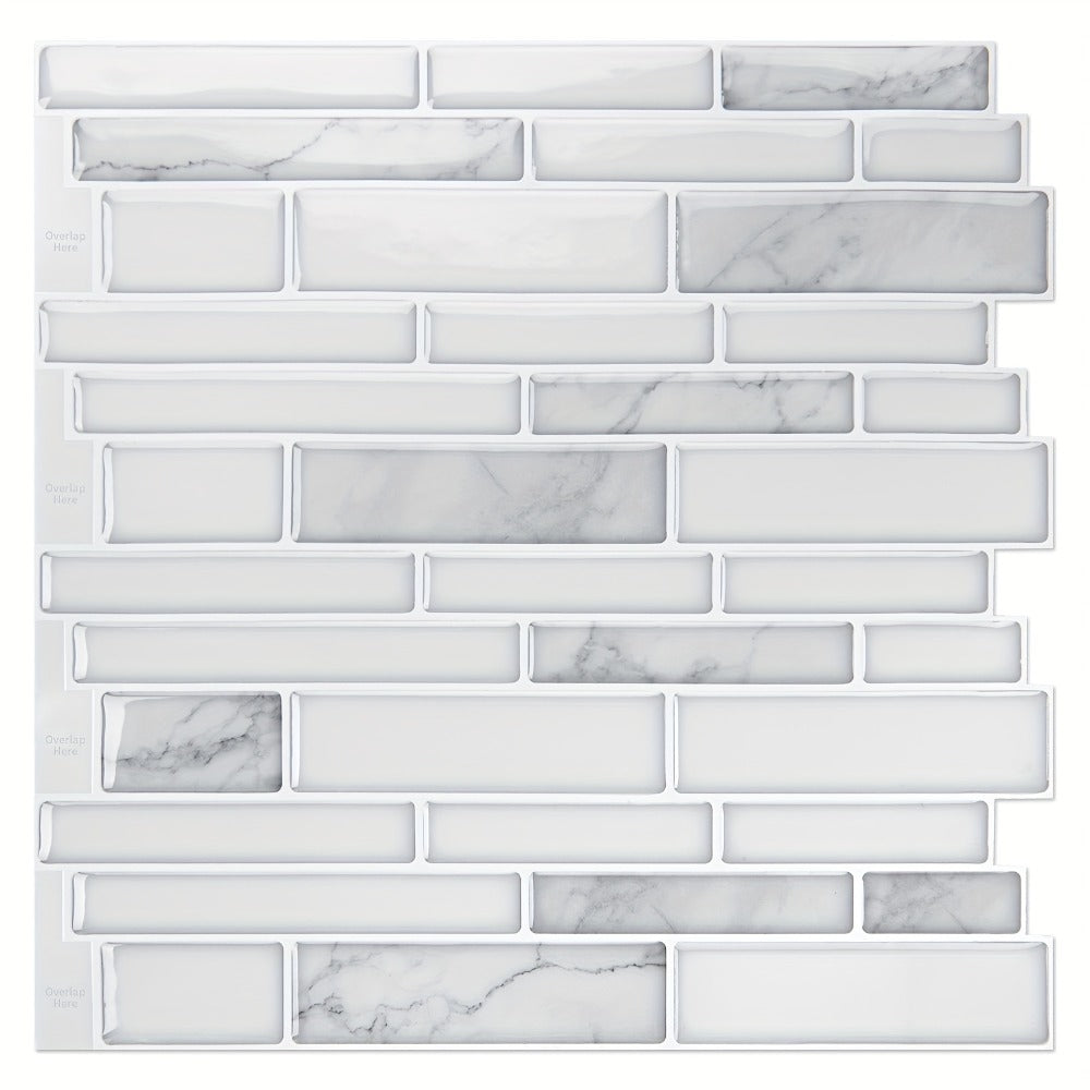 Ten-Sheet White Marble Subway-Pattern Peel-and-Stick Backsplash Wall Tile Set with 30 x 18 cm Panels
