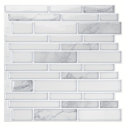 Ten-Sheet White Marble Subway-Pattern Peel-and-Stick Backsplash Wall Tile Set with 30 x 18 cm Panels