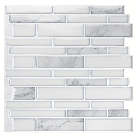 Peel and Stick Backsplash Tile Stickers 10-Sheet - White Marble Self Adhesive Wall Tiles for Kitchen & Bathroom, No Grout DIY Stick On Tiles | Heat & Moisture Resistant, Easy Install Backsplash