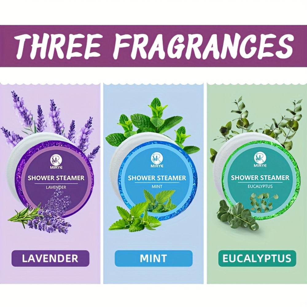 Lavender, Mint and Eucalyptus Shower Steamer Gift Box with 18 Round Tablets in Three Fragrance Labels