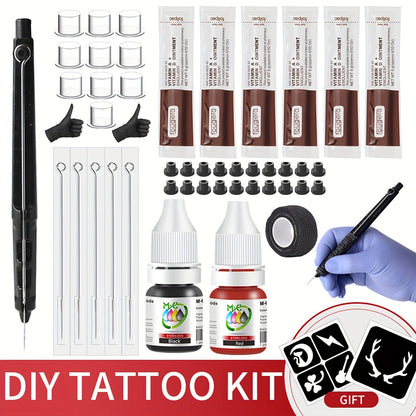 Manual Hand-Poke Tattoo Kit A02-3 with 14.3cm Pen Holder, Five Needles, Two Bottles and Transfer Accessories