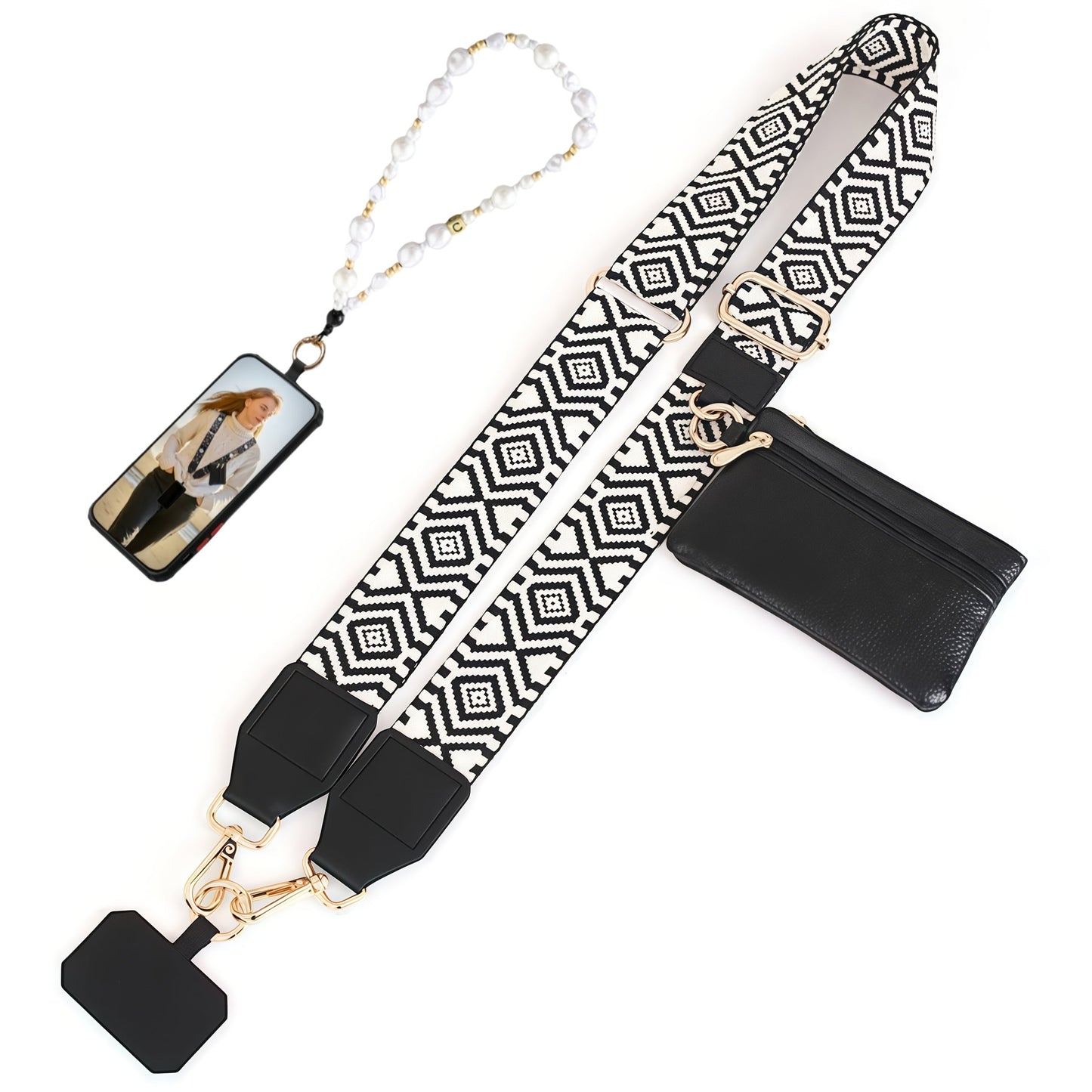 Phone Lanyard Crossbody Strap with Zipper Pouch, Beaded Charm and Five Exact Printed or Solid Styles