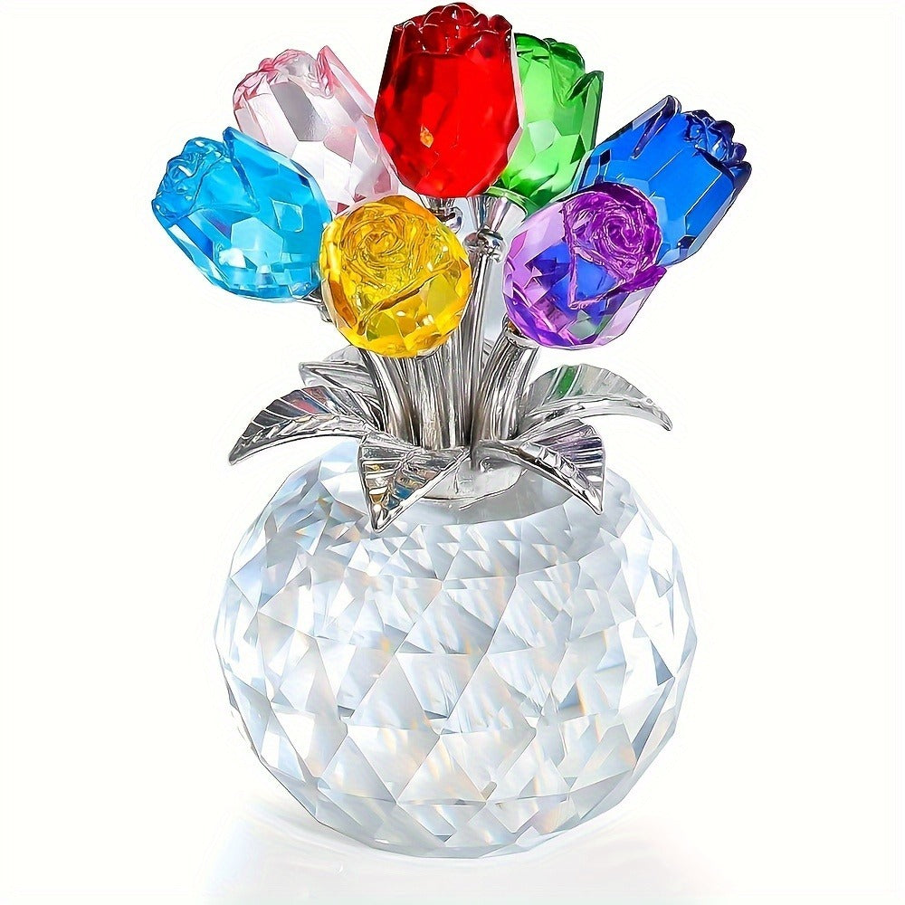 Artificial Flowers Crystal-Look Mini Rose Arrangement with Faceted Display Base in Four Color Options