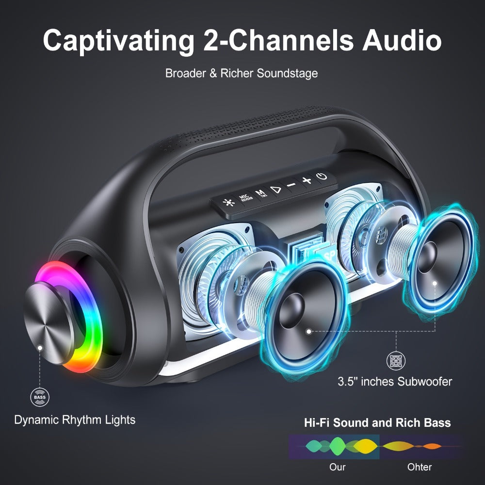 JYX D20 Portable Bluetooth Boombox Speaker with 3D Surround Sound, RGB Disco Lights, Deep Bass Boost, TWS Stereo, 8-10H Playtime, MicroSD USB AUX for Outdoor Party, Camping & Indoor Use