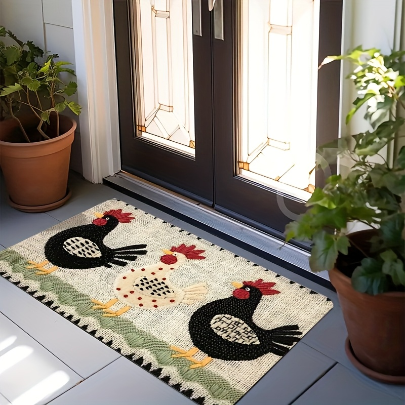 Rooster Print Door Mat with Light Striped Field and Fringed-Look Border in Three Rectangles or One Runner