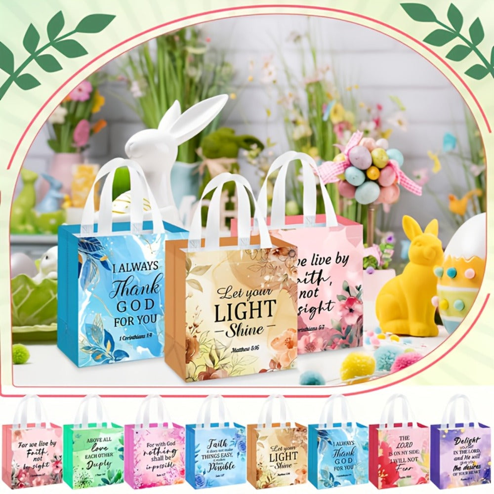 Gift Bag Set Bible Verse Floral Prints, 32 or 64 Non-Woven Handle Bags in Eight Designs, 8.7 x 9 x 4.3 Inch Size