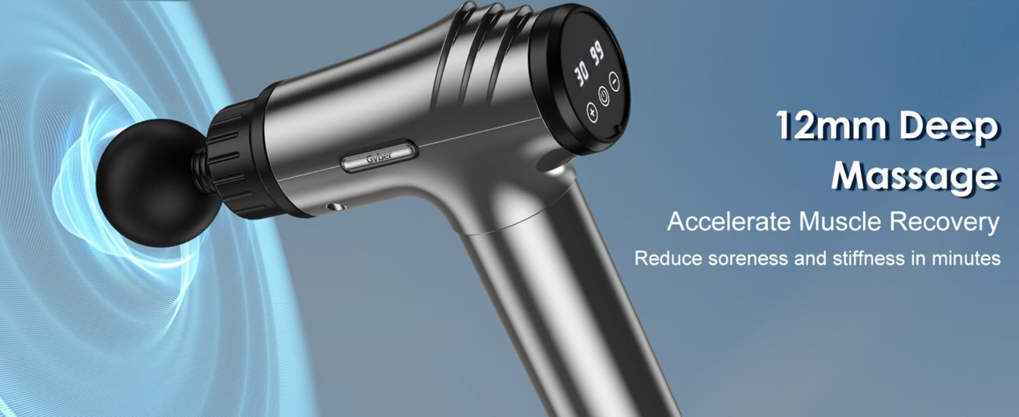 GVBER Handheld Massage Gun in Black with Six Interchangeable Heads, Rear Display and USB-C Charging Port