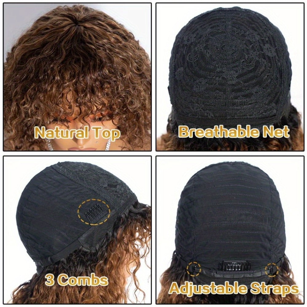12-Inch Water Wave Bob Human Hair Wig with Bangs, 150% Density and TT1B/33 or P1B/30 Color