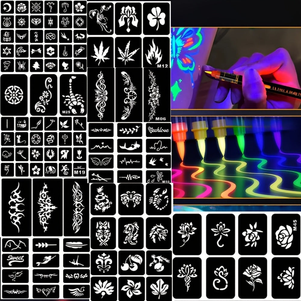 Face Body Paint Pen Set 8 Colors with 105 Tattoo Stencils – Glow in the Dark Neon UV Blacklight Face Paint Kit Easy Apply & Remove for Halloween Party Festival Cosplay Stage