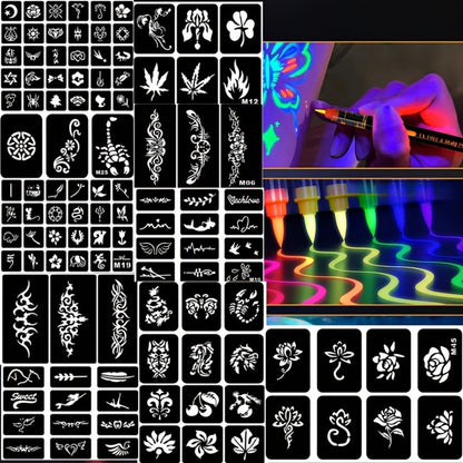 Face Body Paint Pen Set 8 Colors with 105 Tattoo Stencils – Glow in the Dark Neon UV Blacklight Face Paint Kit Easy Apply & Remove for Halloween Party Festival Cosplay Stage